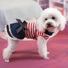 Denim skirt with red and white stripes