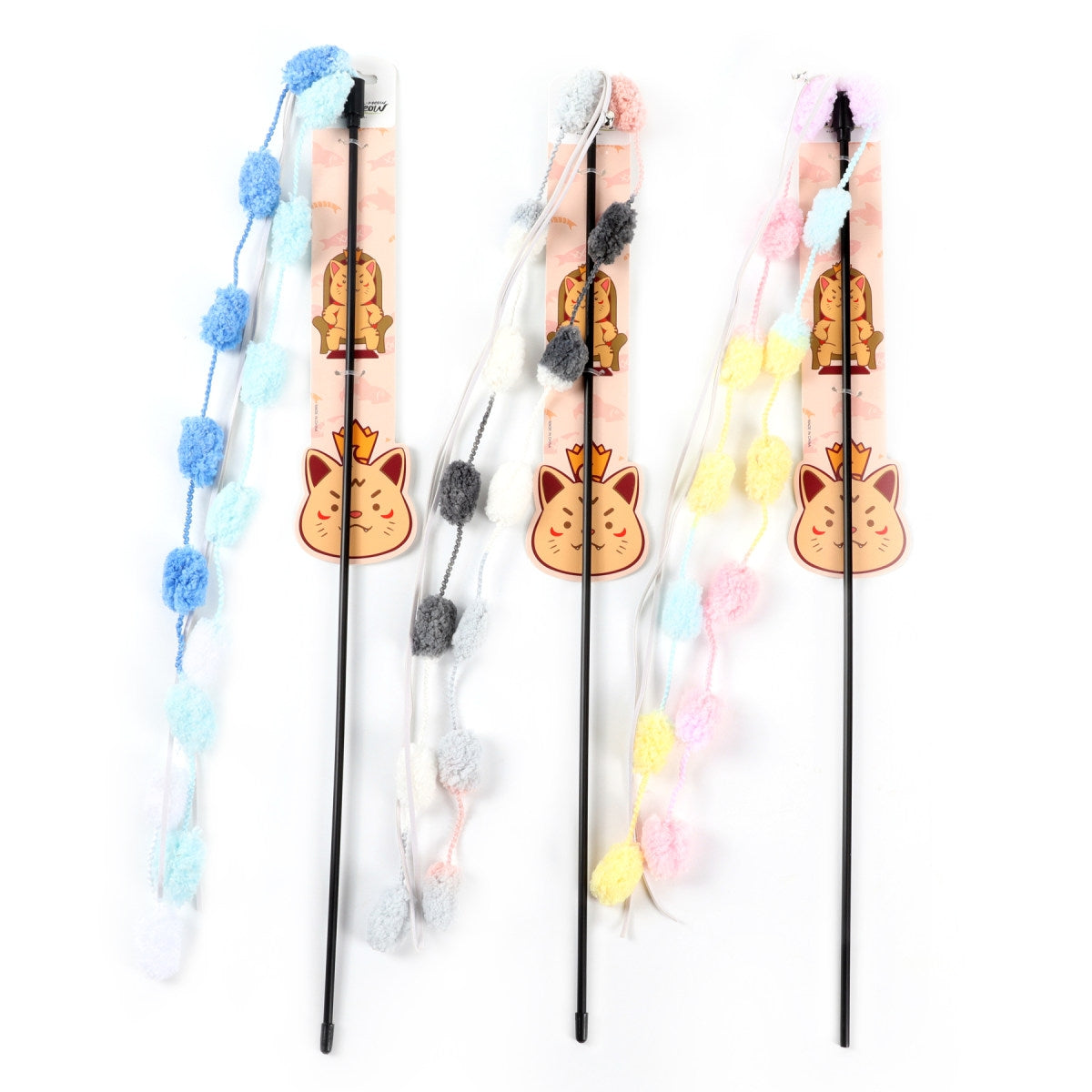 Colorful striped pompom cat toy stick